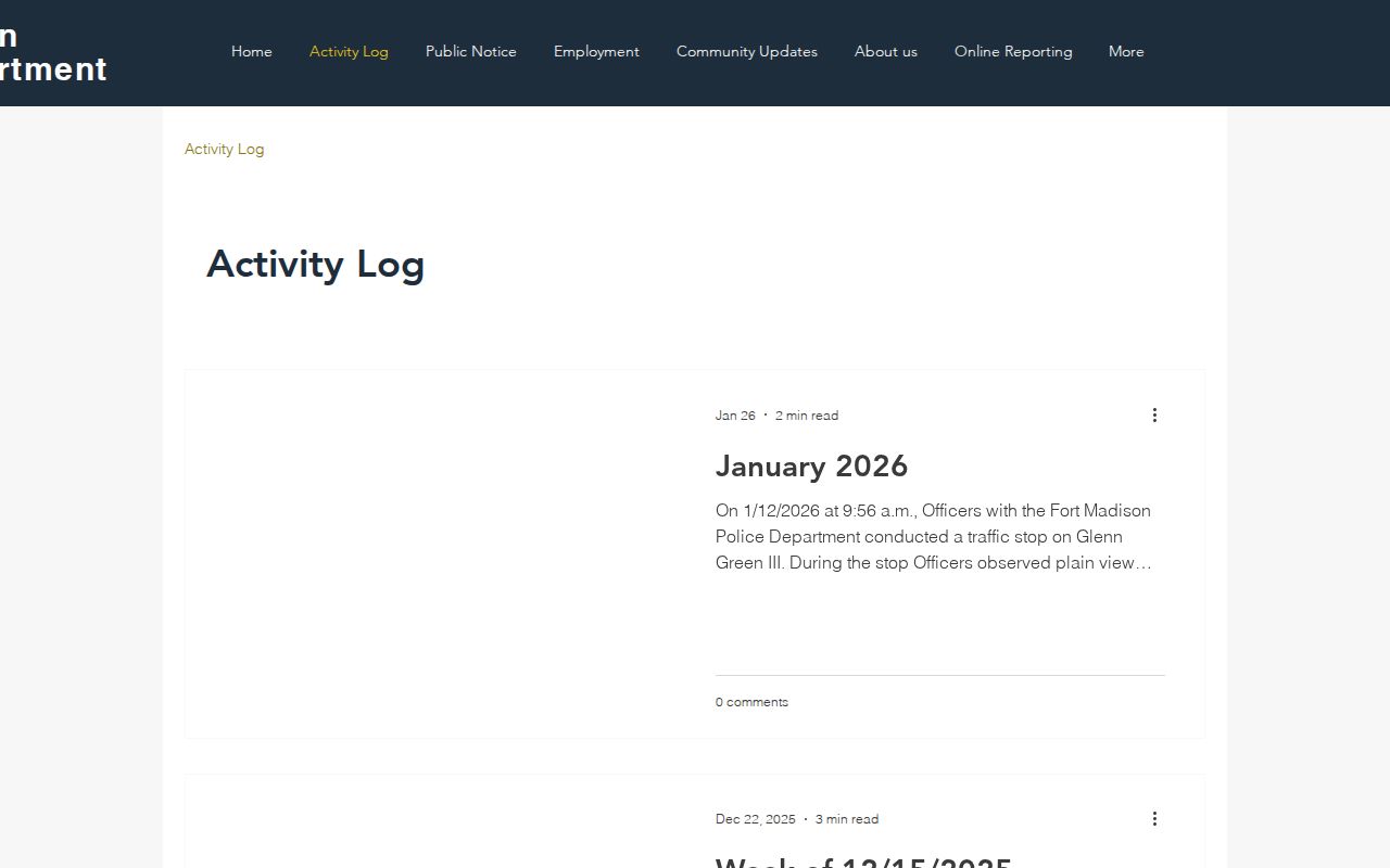 Fort Madison Police Department official Activity Log page with dated police updates
