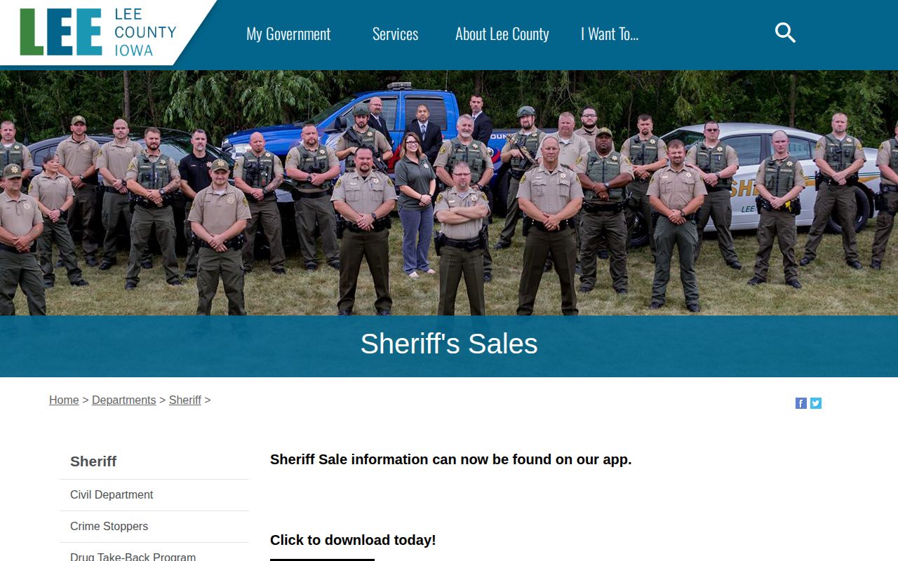 Lee County official Sheriff's Sales webpage referencing the county app