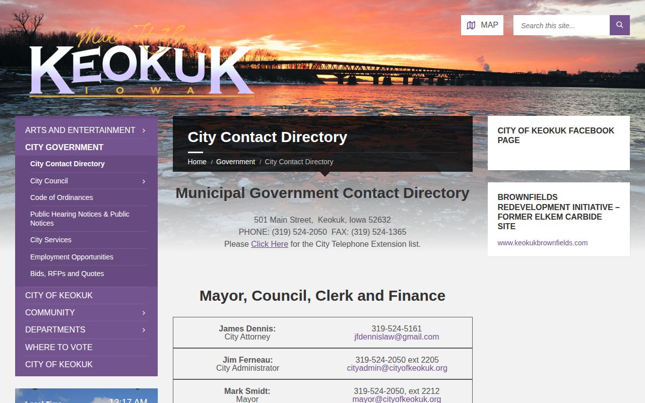 City of Keokuk official directory showing Police Department contact information