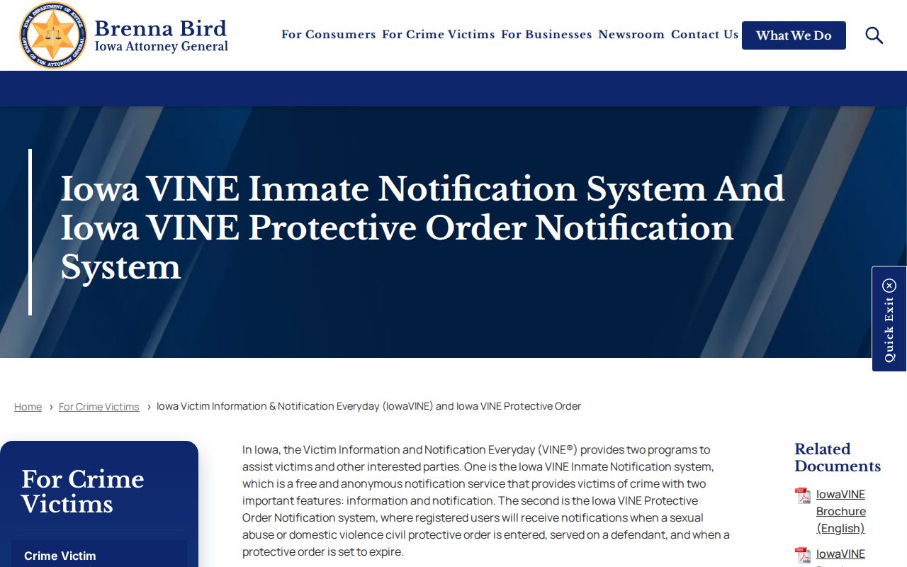 Iowa Attorney General IowaVINE page describing custody alerts and registration