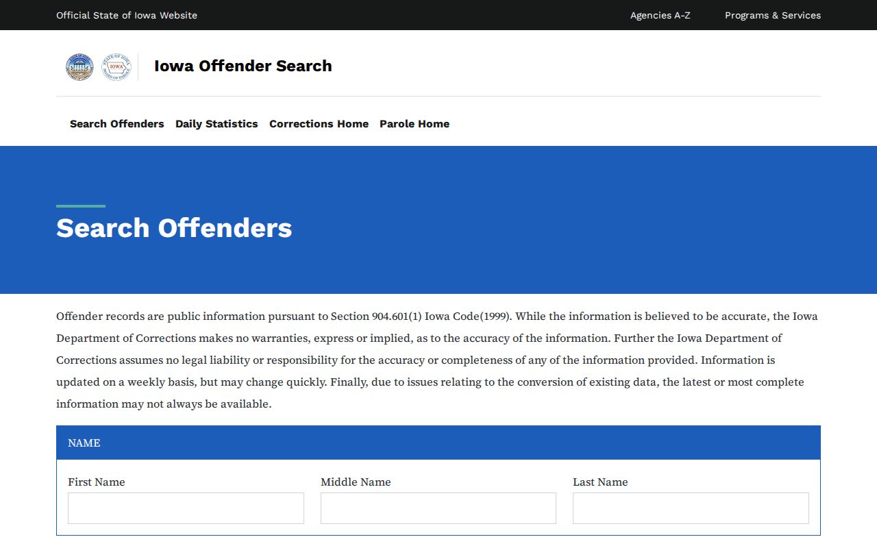 Iowa Department of Corrections offender search form