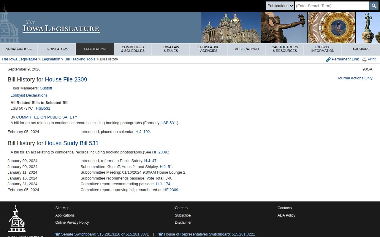 Iowa Legislature HF2309 history page for proposed booking photo restrictions