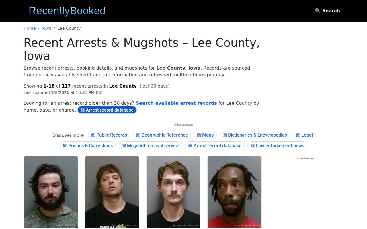 Unofficial RecentlyBooked Lee County Iowa page interface