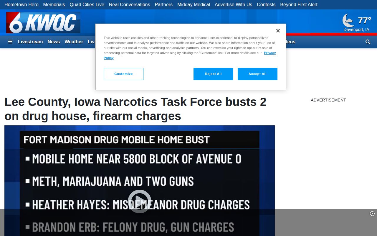 KWQC regional news report concerning a Lee County task force arrest in Fort Madison